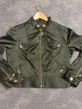 VTG Baby Phat Y2K Cropped Olive Green Satin Bomber Jacket XL Raver Streetwear